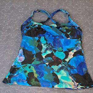 Athleta Blue and Black Floral tankini swim top size 32 B/C